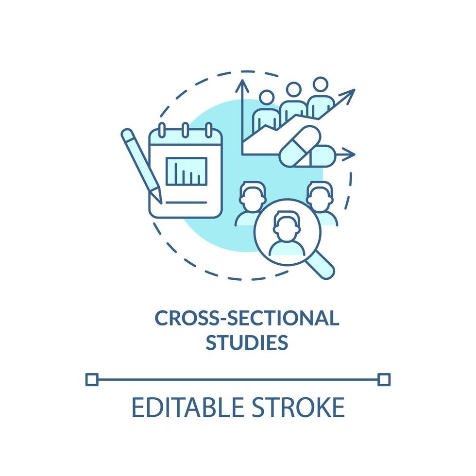 Cross-sectional studies turquoise concept icon. Clinical trials type abstract idea thin line illustration. Isolated outline drawing. Editable stroke. Arial, Myriad Pro-Bold fonts used vector