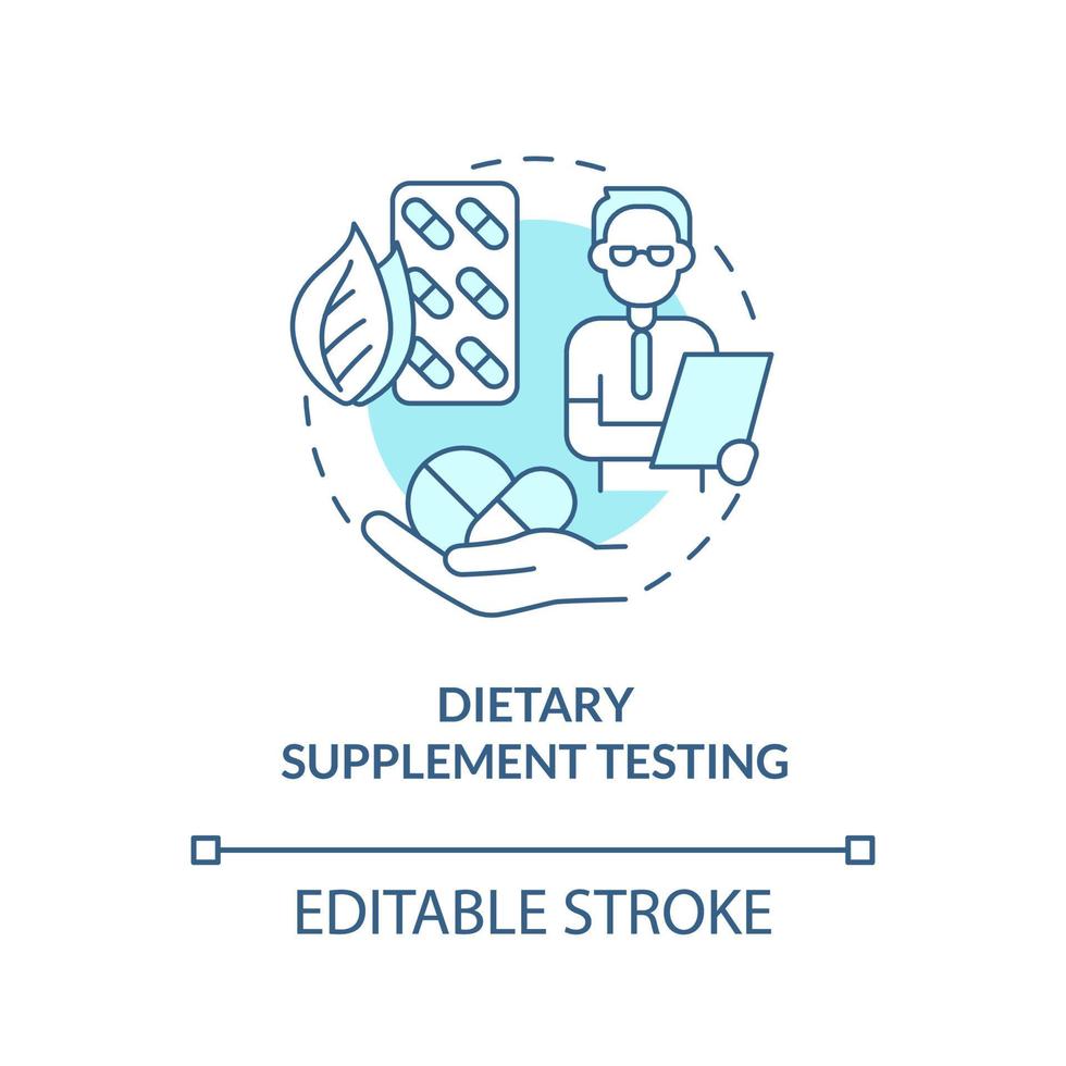 Dietary supplement testing turquoise concept icon. Healthy eat. Things to be tested abstract idea thin line illustration. Isolated outline drawing. Editable stroke. Arial, Myriad Pro-Bold fonts used vector