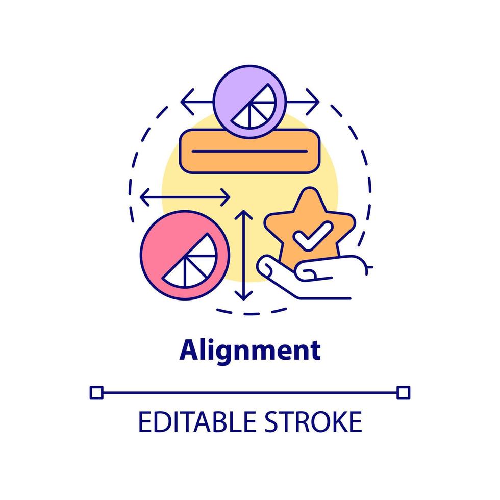 icono del concepto de alineación. arreglo de objetos. principios de diseño gráfico idea abstracta ilustración de línea delgada. dibujo de contorno aislado. trazo editable. arial, innumerables fuentes pro-bold utilizadas vector