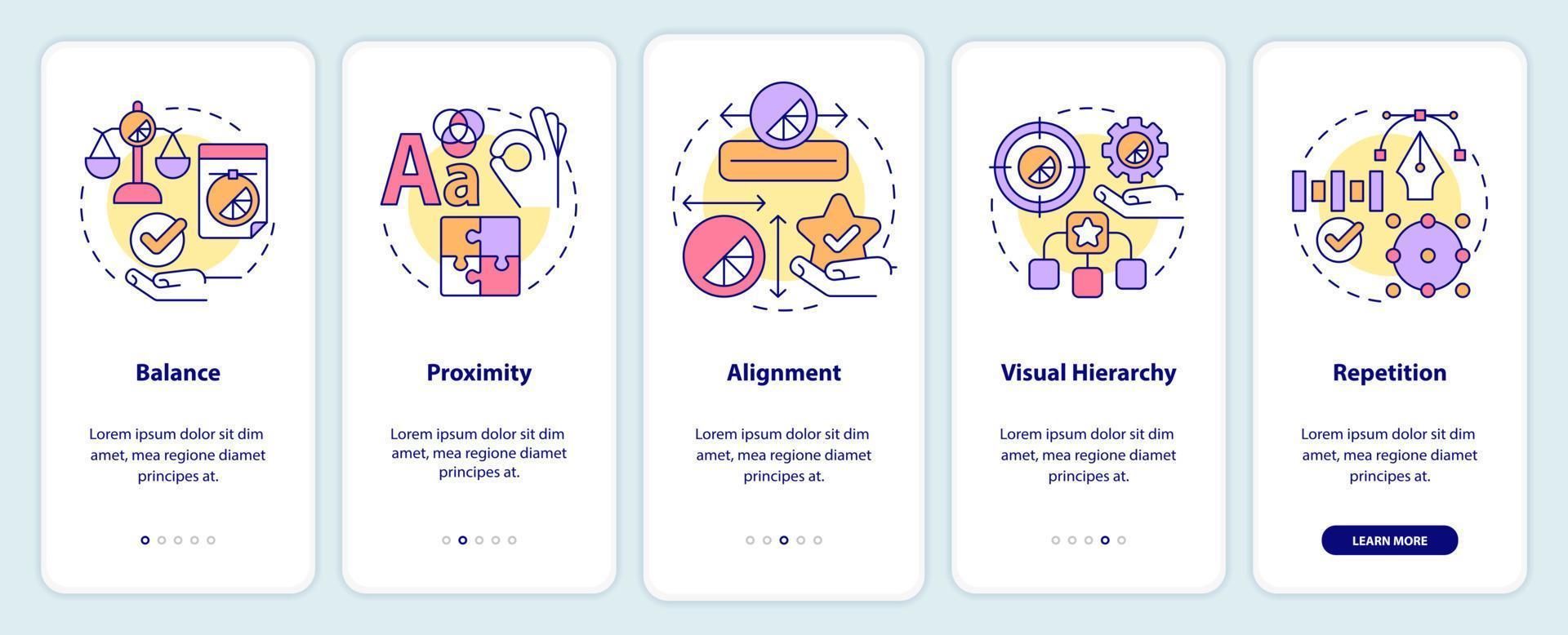 Graphic design principles onboarding mobile app screen. Art work walkthrough 5 steps graphic instructions pages with linear concepts. UI, UX, GUI template. Myriad Pro-Bold, Regular fonts used vector