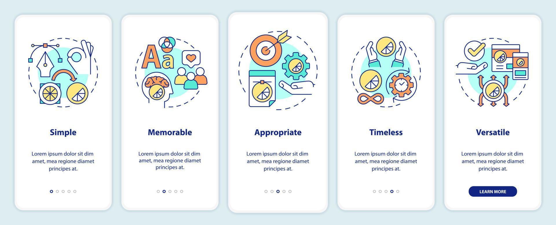 Good logo design characteristics onboarding mobile app screen. Brand walkthrough 5 steps graphic instructions pages with linear concepts. UI, UX, GUI template. Myriad Pro-Bold, Regular fonts used vector