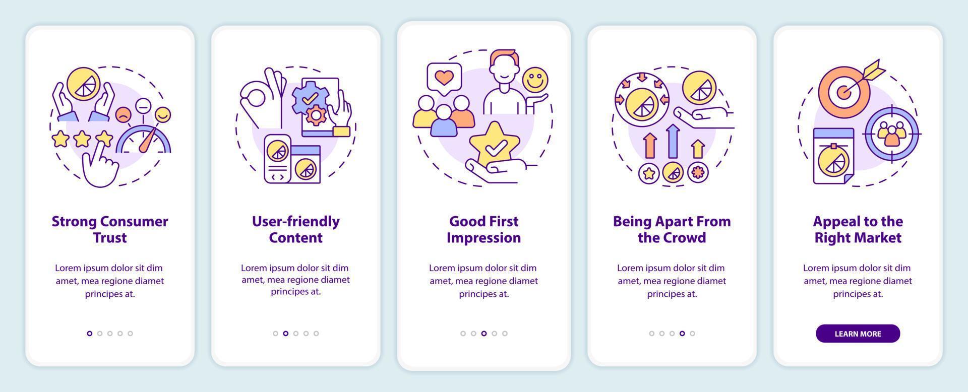 Good design importance onboarding mobile app screen. Business style walkthrough 5 steps graphic instructions pages with linear concepts. UI, UX, GUI template. Myriad Pro-Bold, Regular fonts used vector