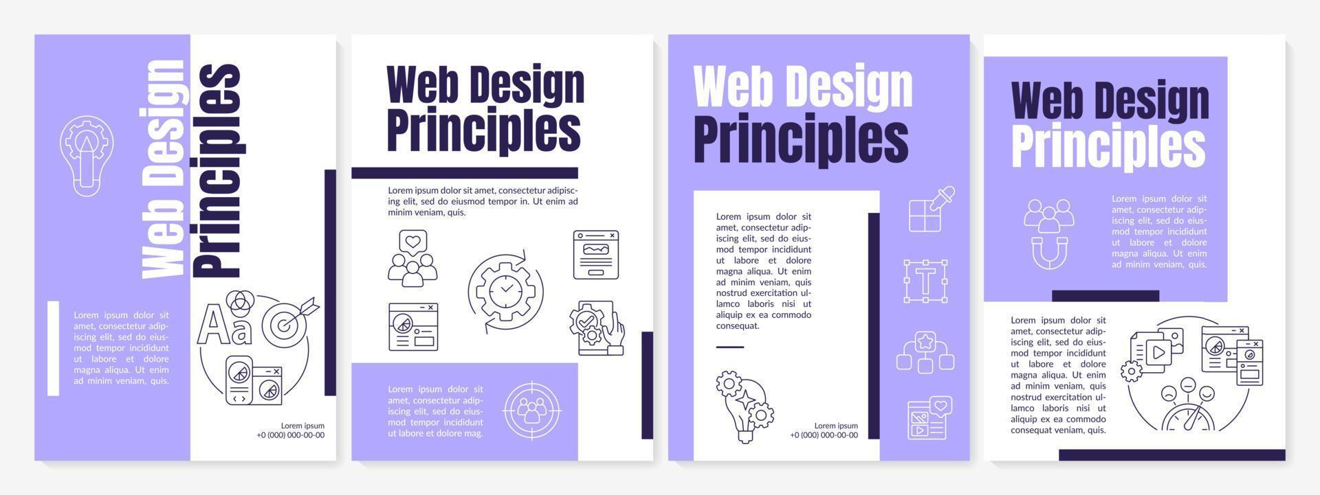 Principles of web design purple brochure template. Graphic artist work. Leaflet design with linear icons. 4 vector layouts for presentation, annual reports. Anton, Lato-Regular fonts used