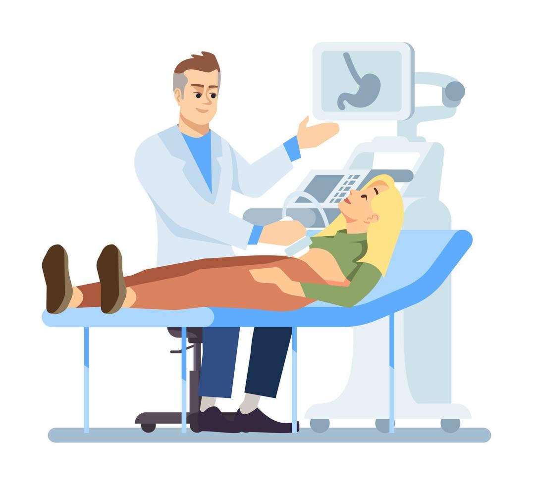 ilustración de vector de color rgb semiplano de ultrasonido estomacal. gastroenterólogo masculino examinando personajes de dibujos animados aislados de pacientes femeninos sobre fondo blanco