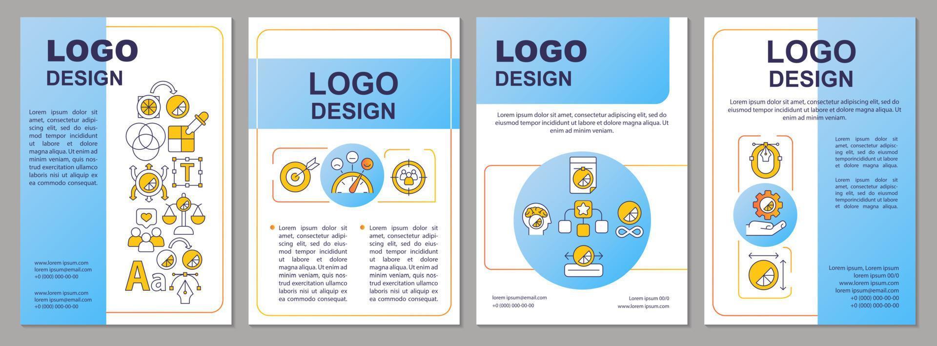 Design of logotype blue brochure template. Company branding creating. Leaflet design with linear icons. 4 vector layouts for presentation, annual reports. Arial, Myriad Pro-Regular fonts used