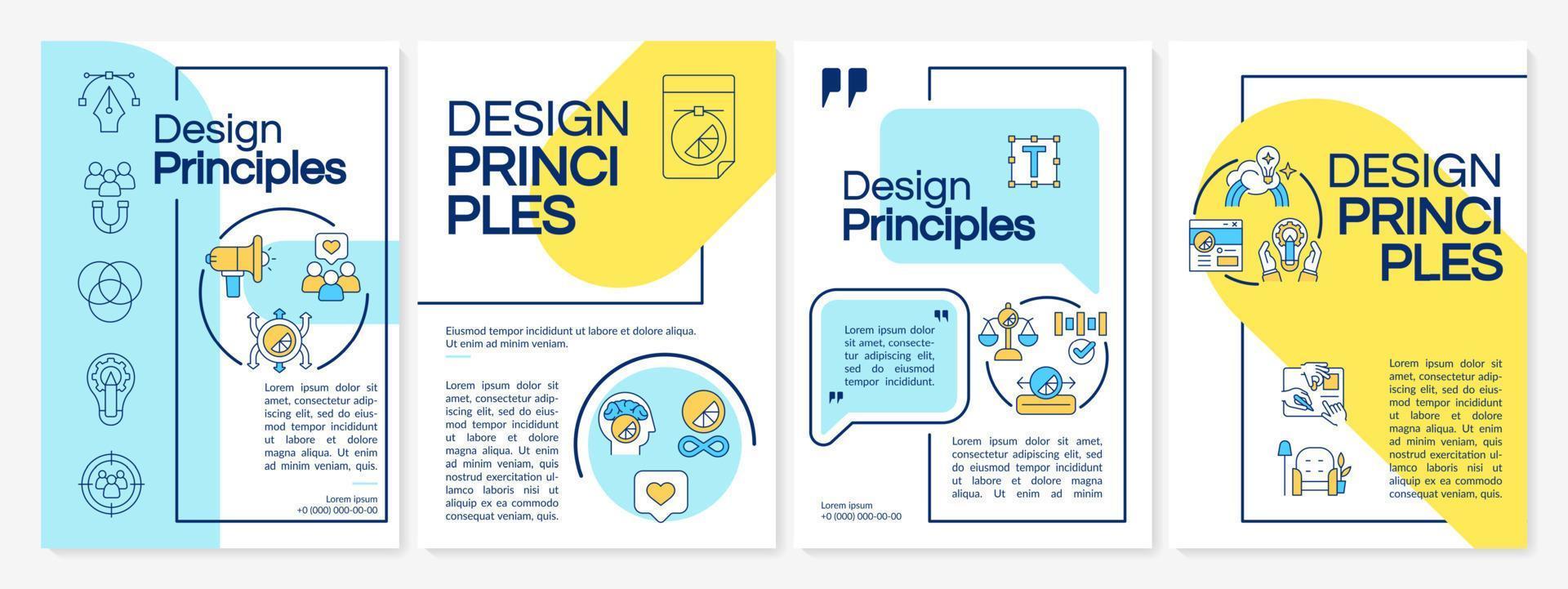 Design principles blue and yellow brochure template. Business style. Leaflet design with linear icons. 4 vector layouts for presentation, annual reports. Questrial, Lato-Regular fonts used