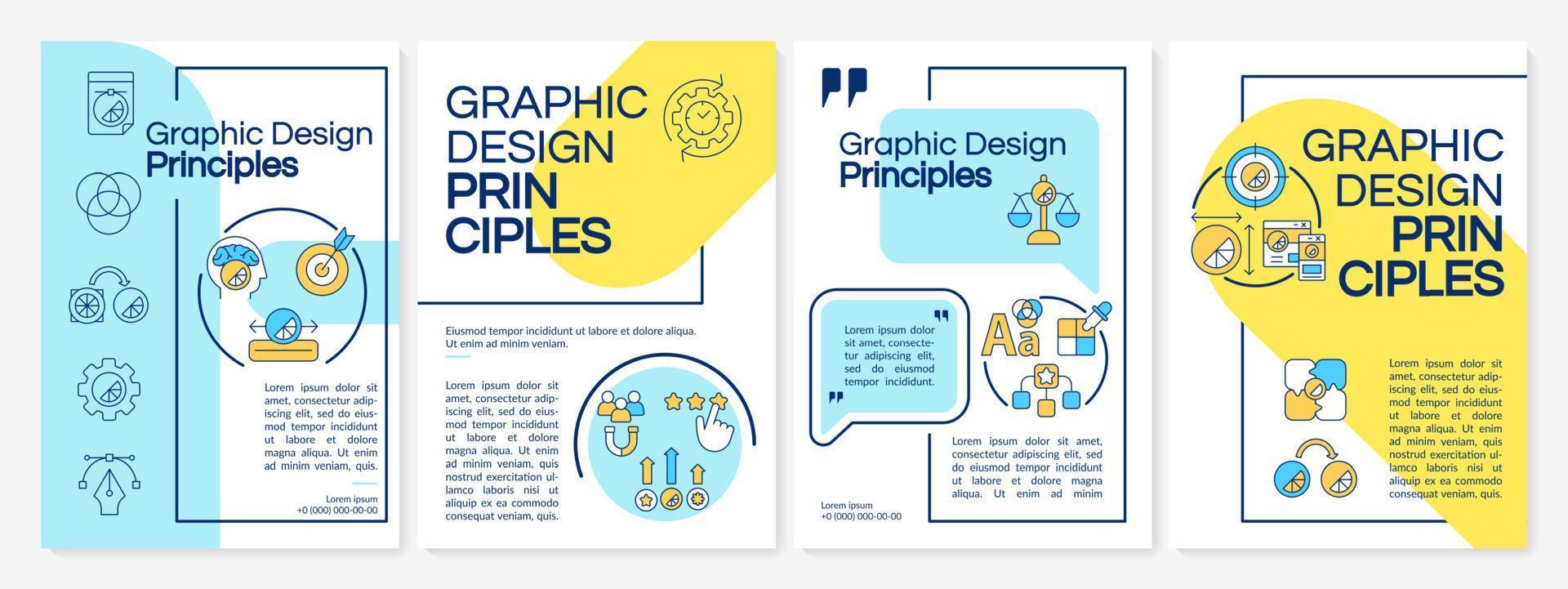 principios de diseño gráfico plantilla de folleto azul y amarillo. producción de contenidos. diseño de folletos con iconos lineales. 4 diseños vectoriales para presentación, informes anuales. fuentes questrial, lato-regular utilizadas vector