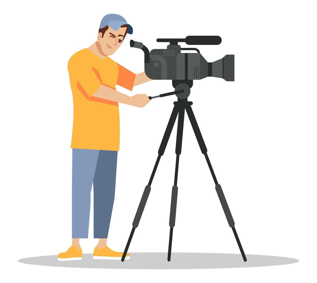 Professional cameraman semi flat RGB color vector illustration. Mass media occupation. Man with cap recording video isolated cartoon character on white background