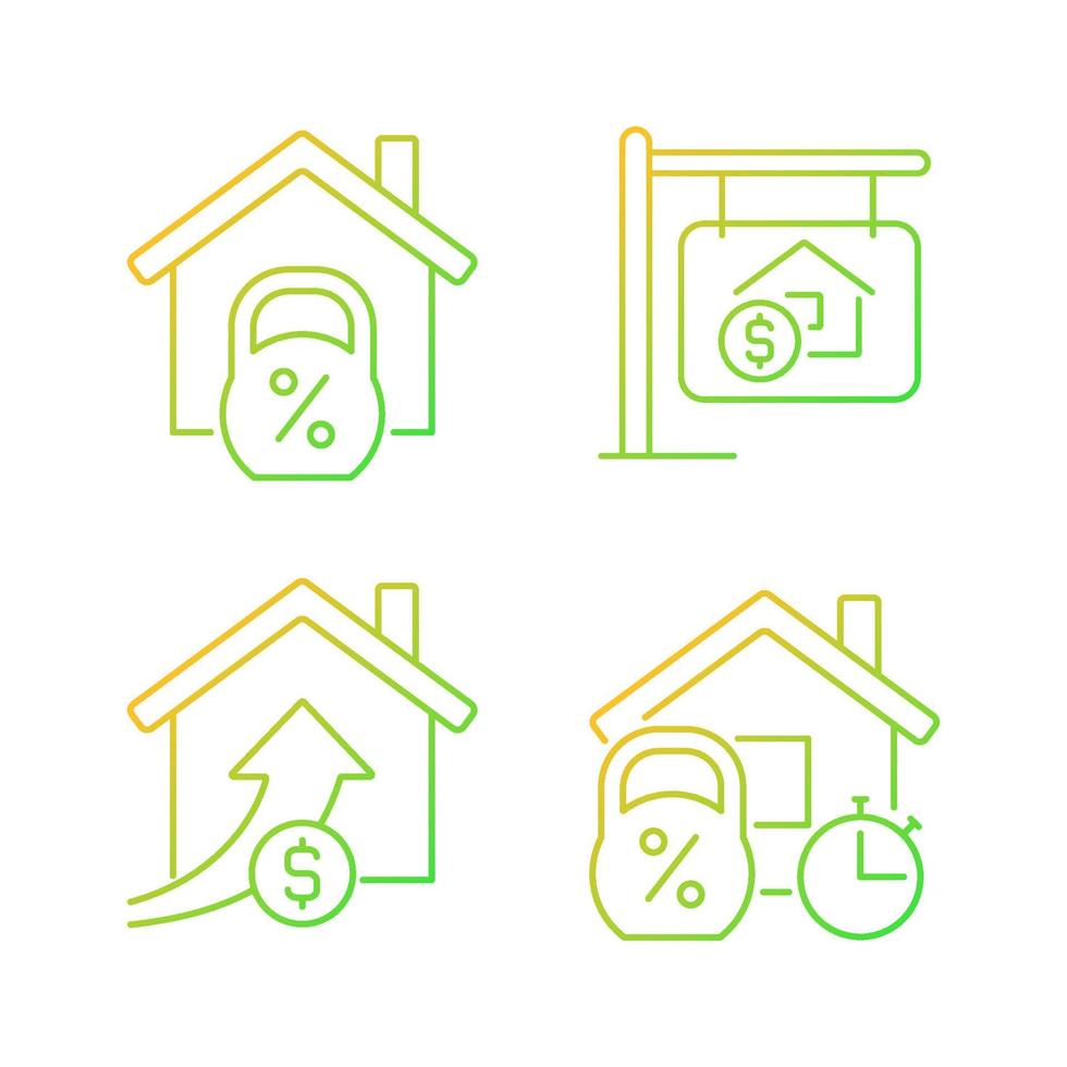 Buying house gradient linear vector icons set. Home mortgage. Accomodation purchase. Real estate. Property sale. Thin line contour symbol designs bundle. Isolated outline illustrations collection