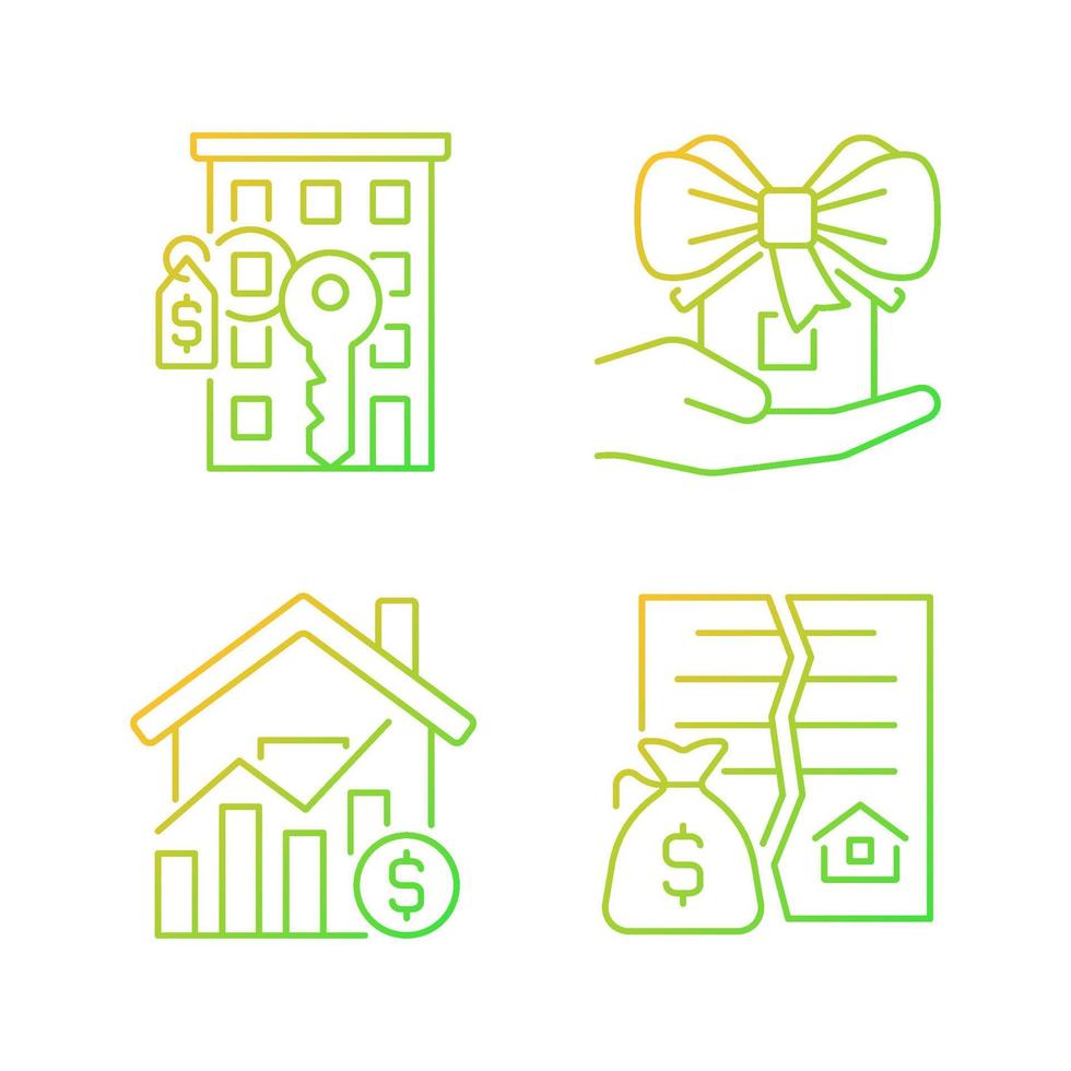 Real estate market gradient linear vector icons set. Property sale. Apartment purchase. Home donation. Realty price. Thin line contour symbol designs bundle. Isolated outline illustrations collection