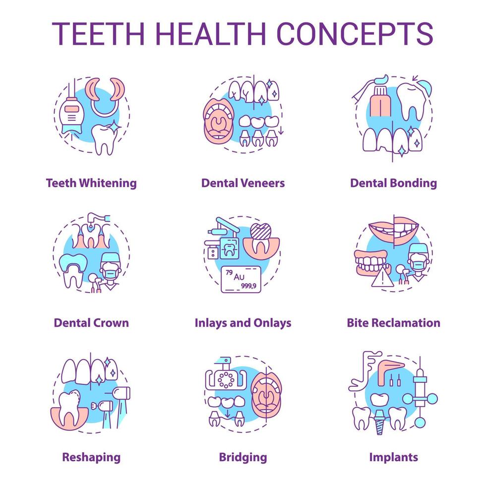 conjunto de iconos de concepto de salud dental. idea de visita dental regular ilustraciones en color de línea delgada. carillas dentales. diente remodelado. símbolos aislados. trazo editable. roboto-medium, innumerables fuentes pro-bold utilizadas vector