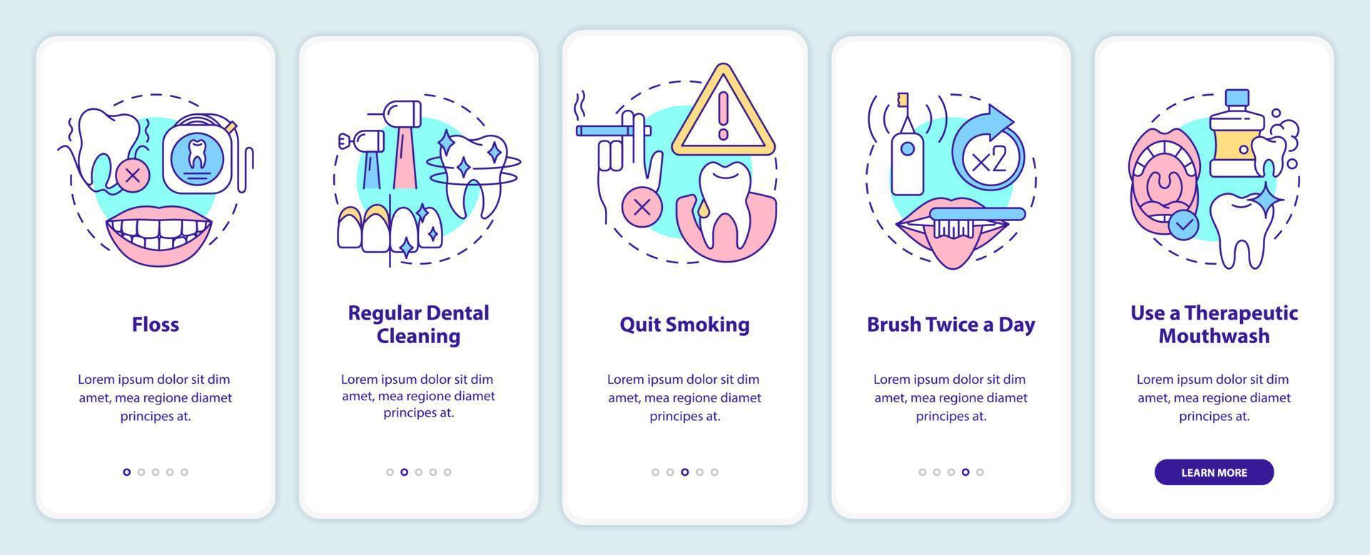 Preventing gum disease onboarding mobile app screen. Quit smoking walkthrough 5 steps graphic instructions pages with linear concepts. UI, UX, GUI template. Myriad Pro-Bold, Regular fonts used vector
