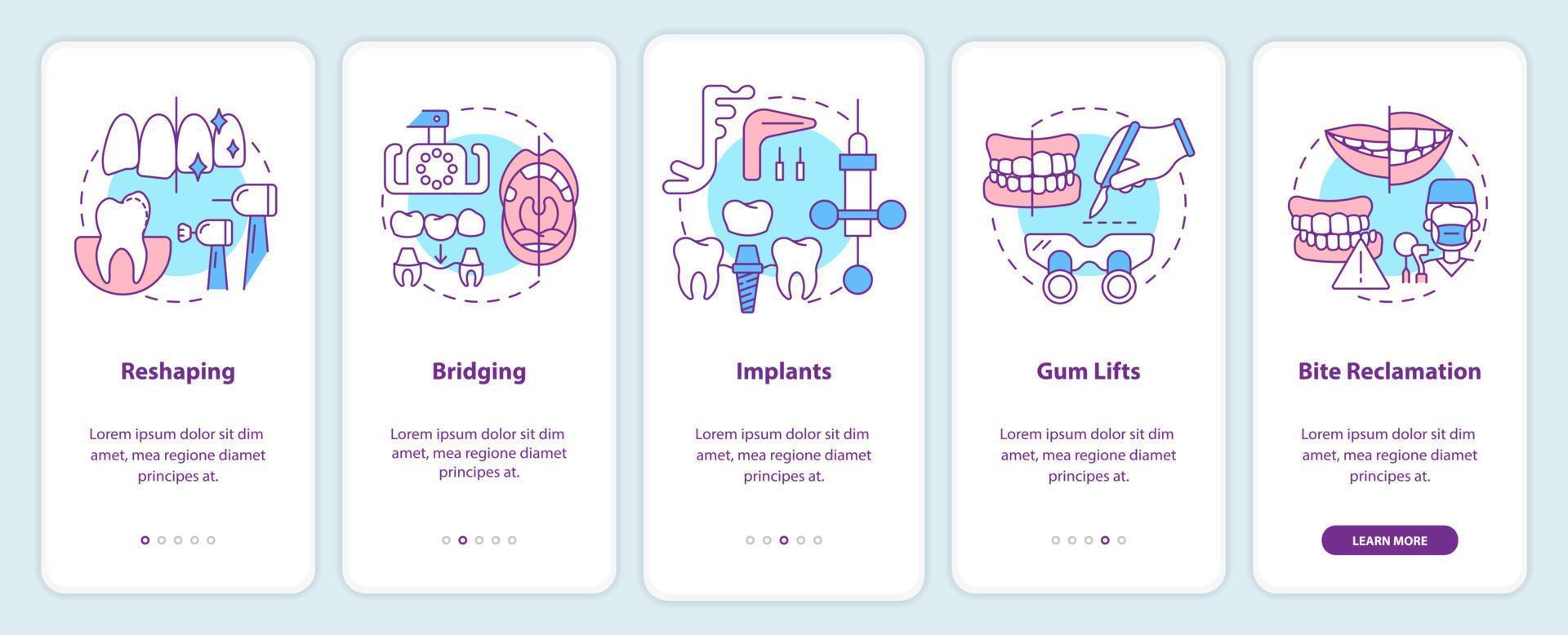 Cosmetic dentistry procedures onboarding mobile app screen. Gum lifts walkthrough 5 steps graphic instructions pages with linear concepts. UI, UX, GUI template. Myriad Pro-Bold, Regular fonts used vector