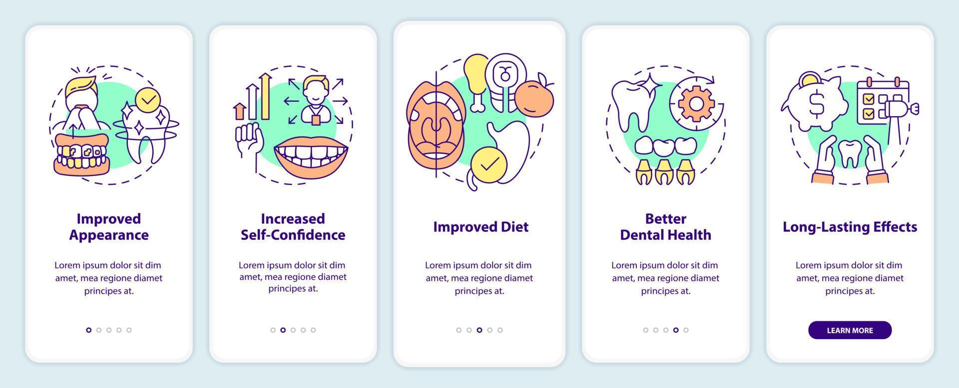 Cosmetic dentistry benefits onboarding mobile app screen. Improved diet walkthrough 5 steps graphic instructions pages with linear concepts. UI, UX, GUI template. Myriad Pro-Bold, Regular fonts used vector