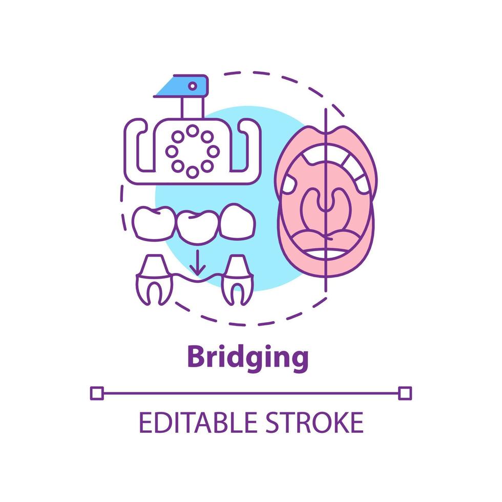 Bridging concept icon. Aesthetic dentistry procedure abstract idea thin line illustration. Permanent teeth restoration. Isolated outline drawing. Editable stroke. Arial, Myriad Pro-Bold fonts used vector