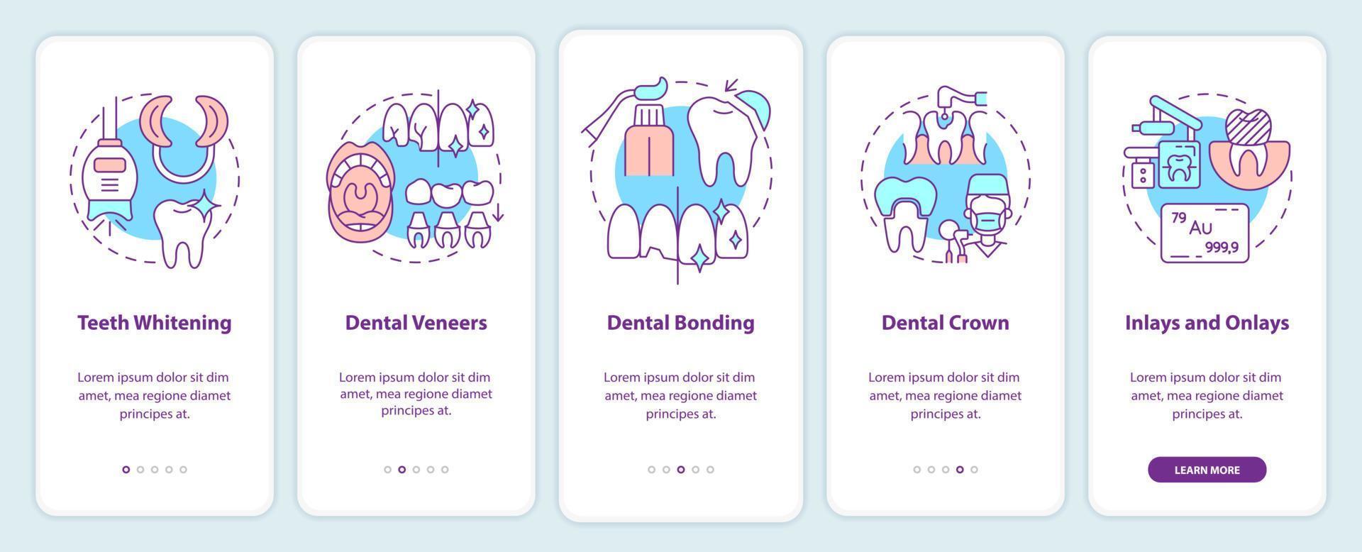 Cosmetic dentistry types onboarding mobile app screen. Teeth whitening walkthrough 5 steps graphic instructions pages with linear concepts. UI, UX, GUI template. Myriad Pro-Bold, Regular fonts used vector