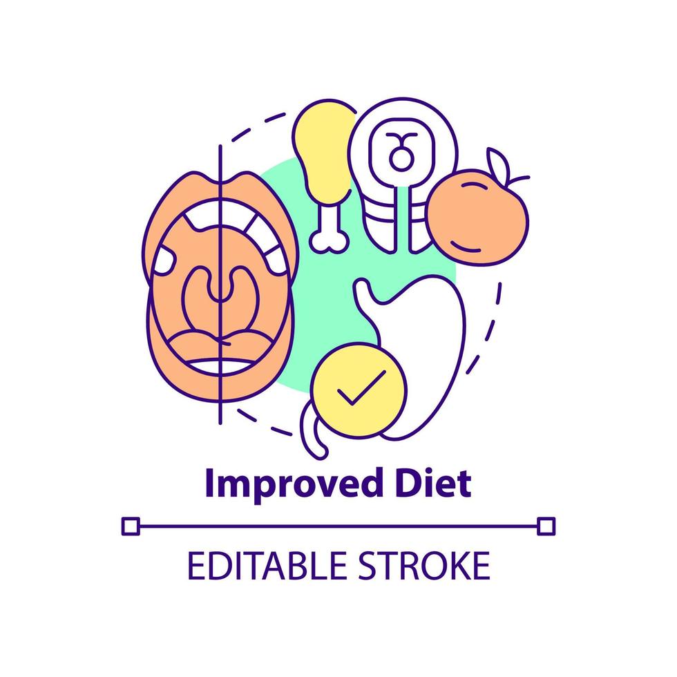Improved diet concept icon. Tooth enhancement benefit abstract idea thin line illustration. Mindly selecting snacks. Isolated outline drawing. Editable stroke. Arial, Myriad Pro-Bold fonts used vector