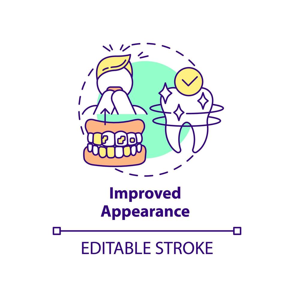 Improved appearance concept icon. Cosmetic dentistry benefit abstract idea thin line illustration. Regular dentist visits. Isolated outline drawing. Editable stroke. Arial, Myriad Pro-Bold fonts used vector