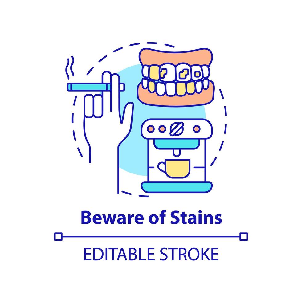 Beware of stains concept icon. Taking care of veneers abstract idea thin line illustration. Tooth discoloration. Bad habit. Isolated outline drawing. Editable stroke. Arial, Myriad Pro-Bold fonts used vector