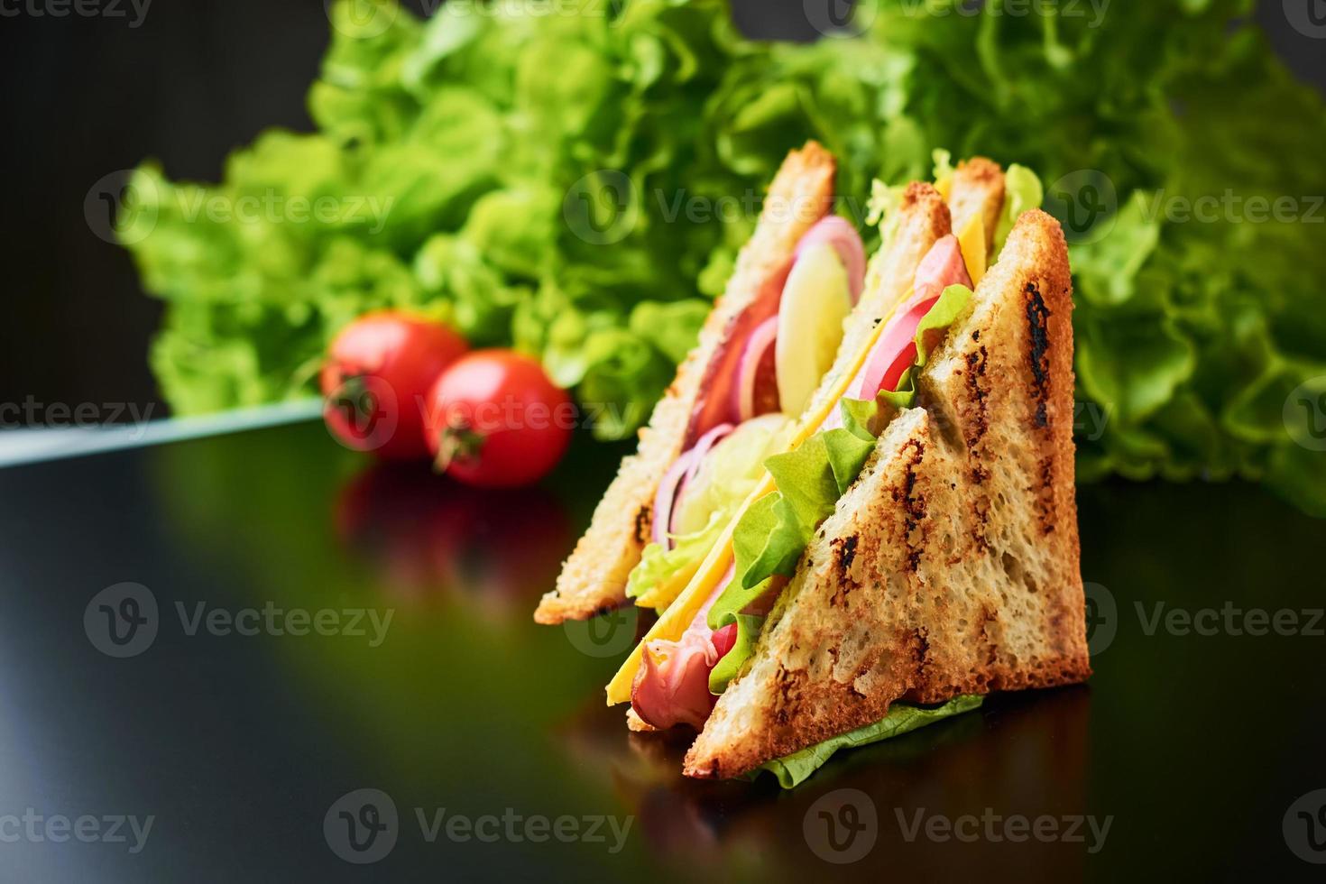sandwiches with ham, lettuce and fresh vegetables on a dark background photo