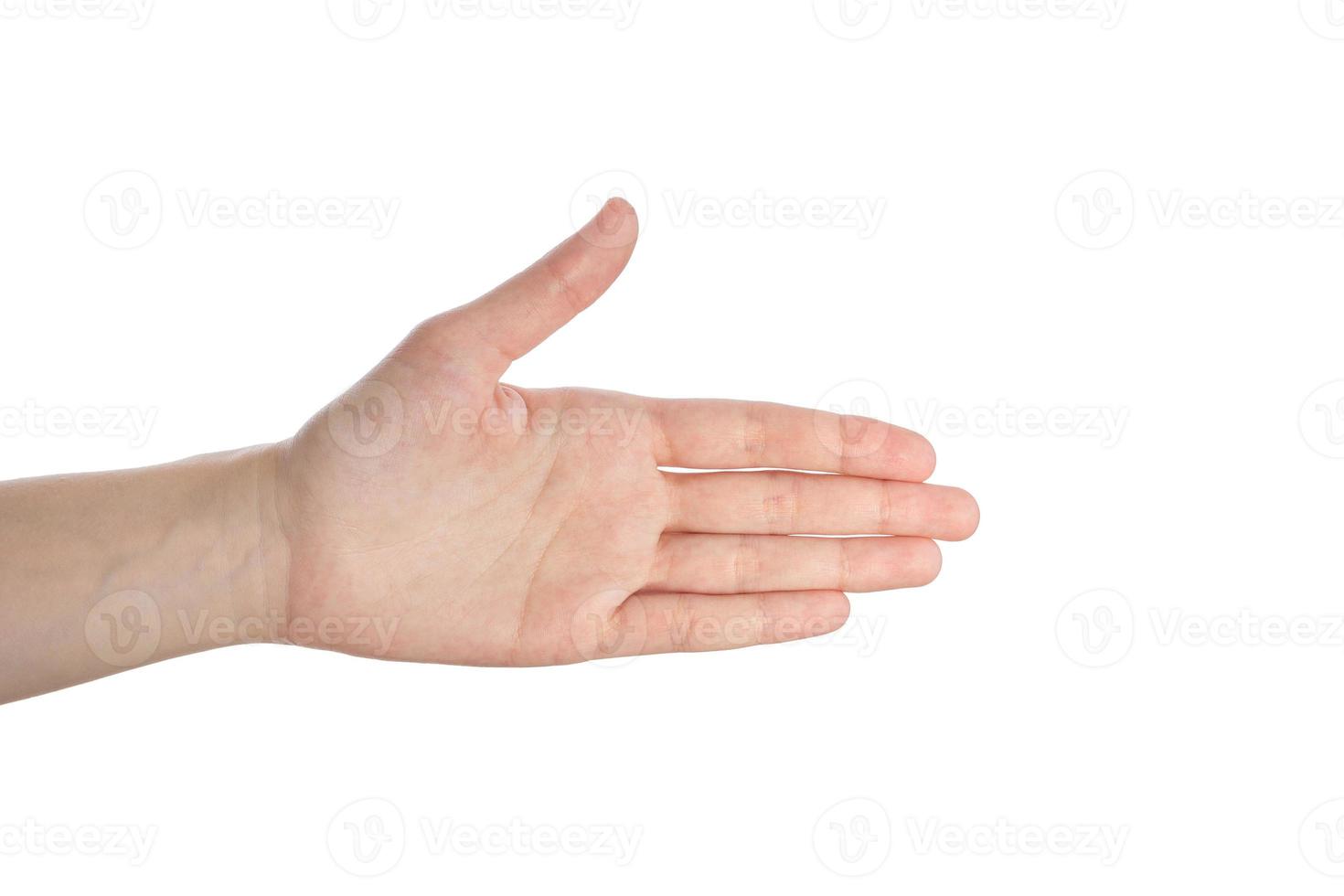 Woman hand show direction gesture, open hand isokated on a white background photo
