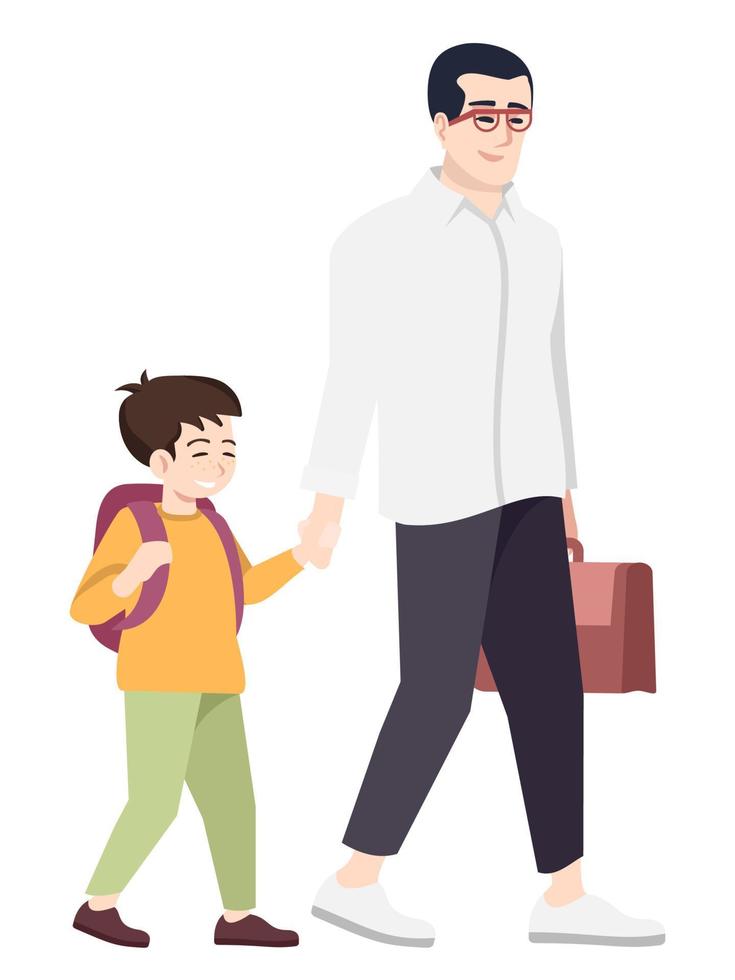 Bonding with child semi flat RGB color vector illustration. Happy son and father going to school isolated cartoon character on white background
