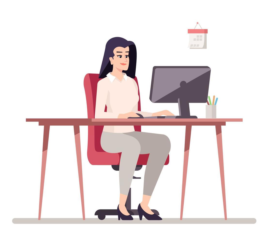 Comfortable workspace semi flat RGB color vector illustration. Female office worker in proper sitting pose isolated cartoon character on white background