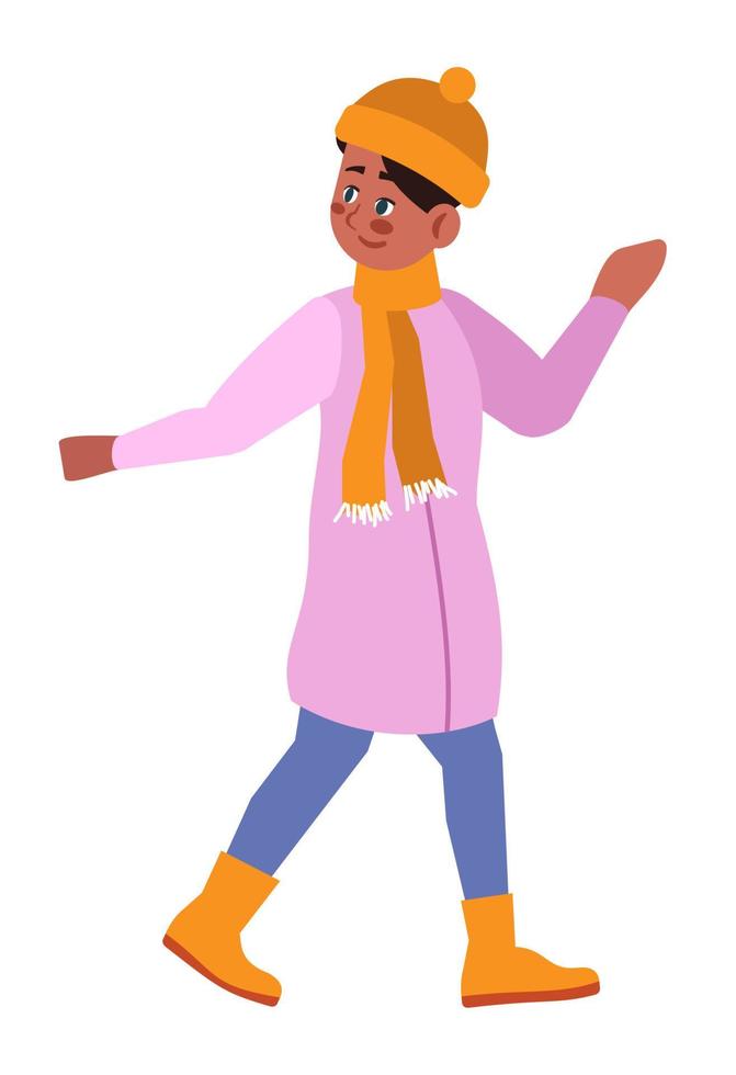 traje de invierno para niña niña semi plana rgb color vector ilustración. niña con abrigo de invierno rosa personaje de dibujos animados aislado sobre fondo blanco