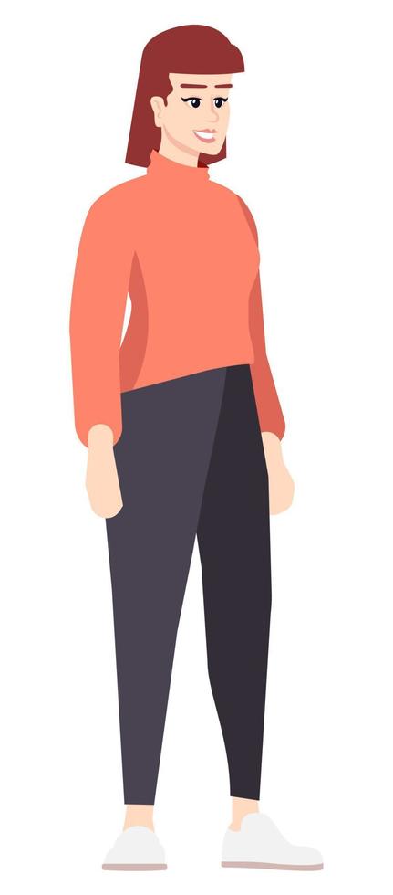 preparación de ropa para el clima otoñal ilustración de vector de color rgb semiplano. mujer joven de aspecto elegante con suéter rojo personaje de dibujos animados aislado sobre fondo blanco