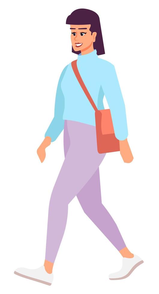 ilustración de vector de color rgb semi plano de dama segura. mujer yendo a caminar con un nuevo traje de moda personaje de dibujos animados aislado sobre fondo blanco