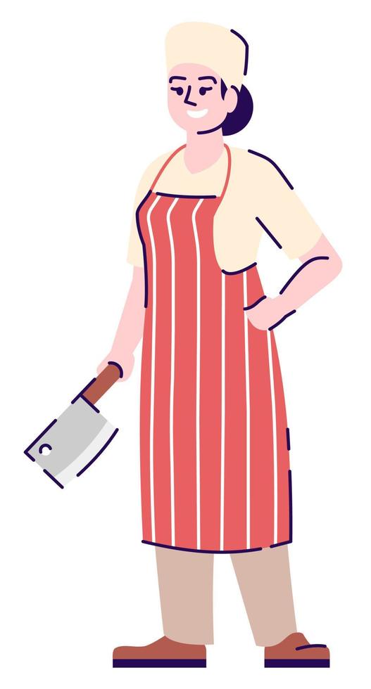 Ilustración de vector de color rgb semi plano de trabajador de cocina. chef femenina sosteniendo un cuchillo profesional personaje de dibujos animados aislado sobre fondo blanco