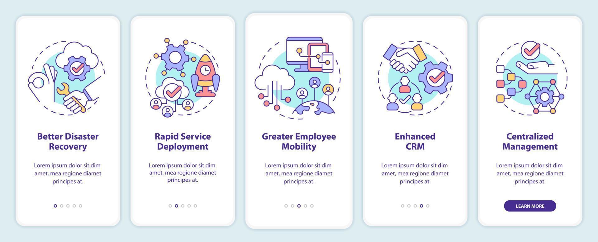 UCaaS advantages onboarding mobile app screen. Technology walkthrough 5 steps graphic instructions pages with linear concepts. UI, UX, GUI template. Myriad Pro-Bold, Regular fonts used vector