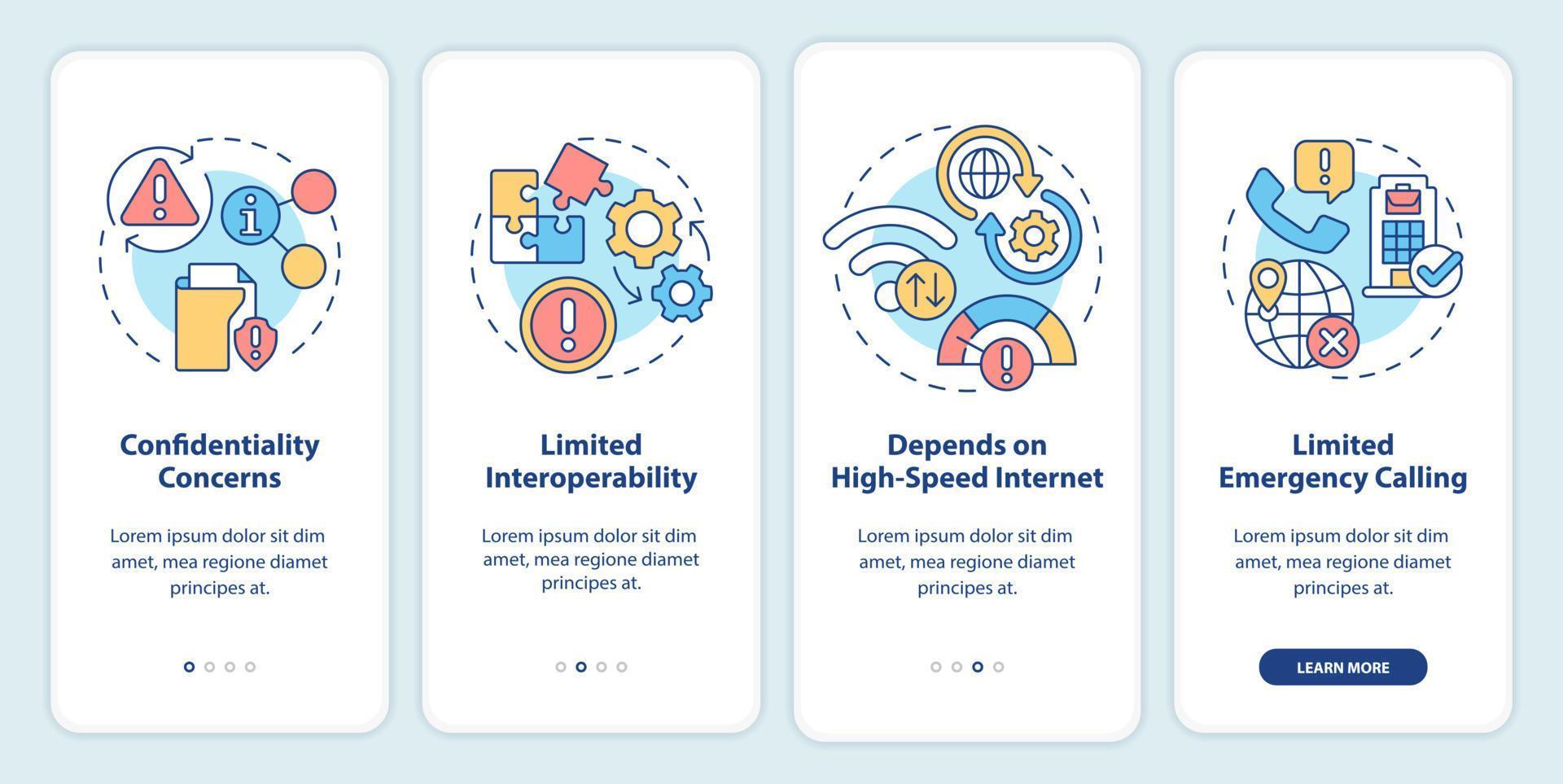 ucaas corre el riesgo de incorporar la pantalla de la aplicación móvil. Tutorial de problemas de red Páginas de instrucciones gráficas de 4 pasos con conceptos lineales. interfaz de usuario, ux, plantilla de interfaz gráfica de usuario. innumerables fuentes pro-negrita y regulares utilizadas vector