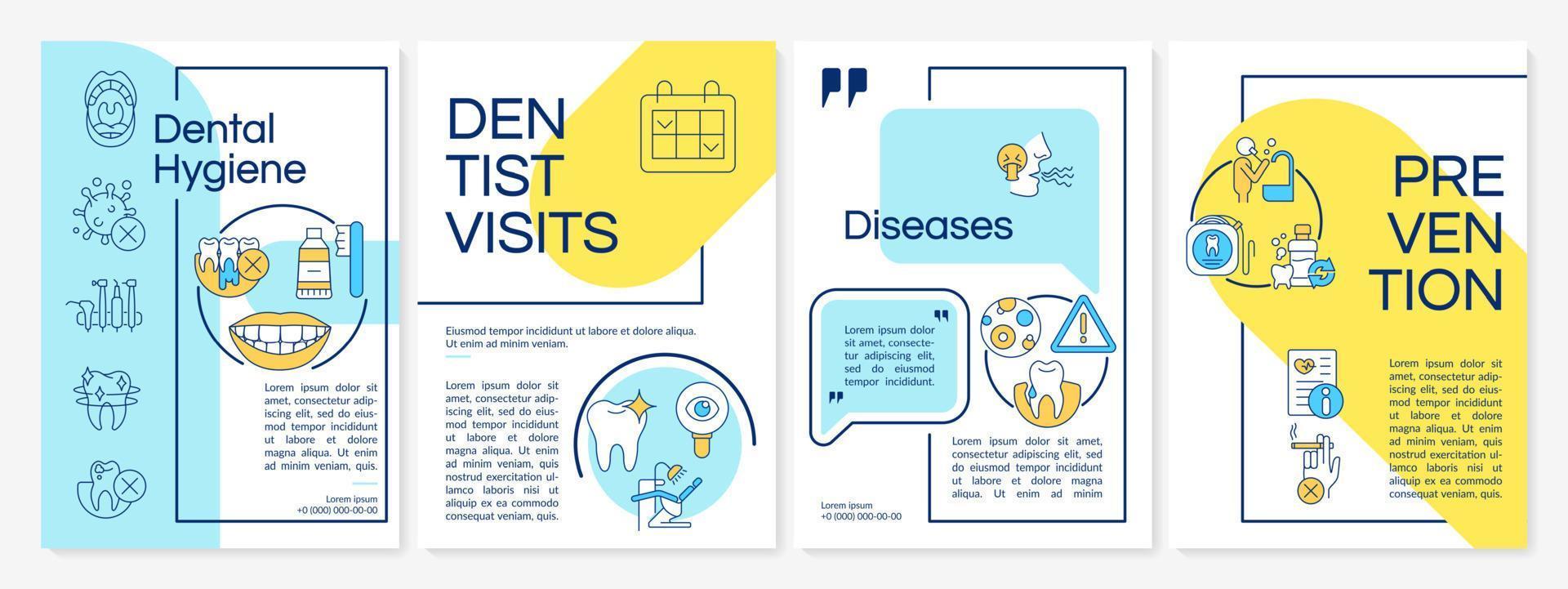 plantilla de folleto azul y amarillo de salud oral. visitas al dentista. prevención. diseño de folletos con iconos lineales. 4 diseños vectoriales para presentación, informes anuales. fuentes questrial, lato-regular utilizadas vector