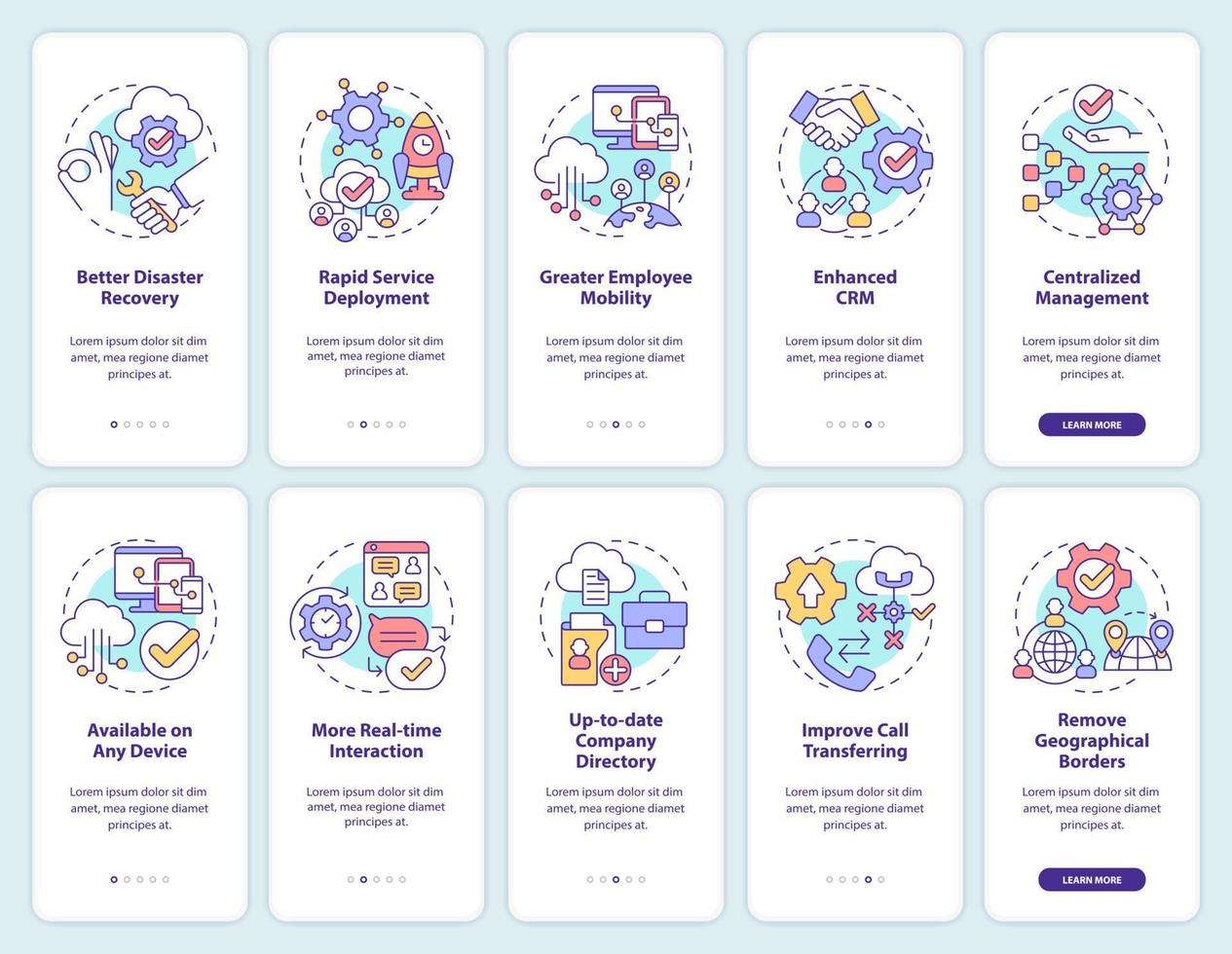 UCaaS onboarding mobile app screen set. Communication walkthrough 5 steps graphic instructions pages with linear concepts. UI, UX, GUI template. Myriad Pro-Bold, Regular fonts used vector