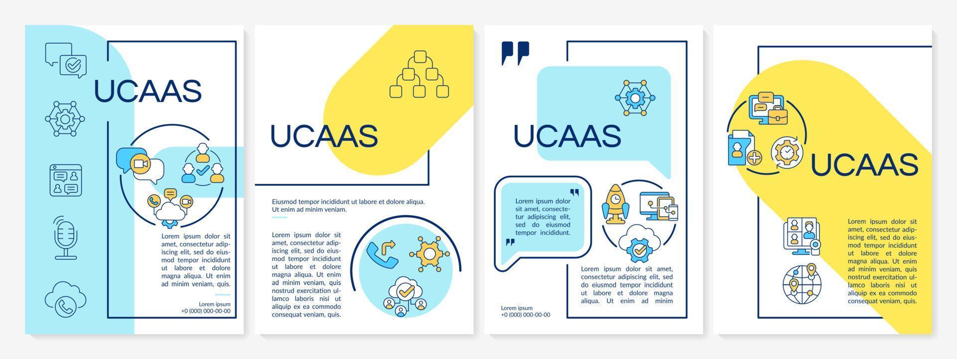 UCaaS blue and yellow brochure template. Communications service. Leaflet design with linear icons. 4 vector layouts for presentation, annual reports. Questrial, Lato-Regular fonts used