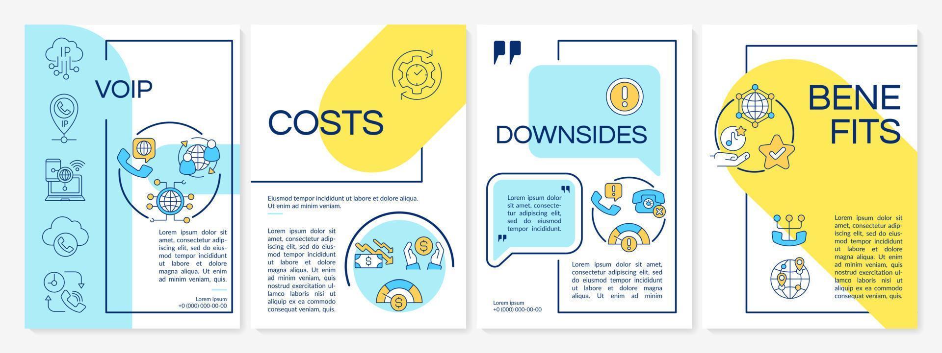 VOIP blue and yellow brochure template. Internet telephony providing. Leaflet design with linear icons. 4 vector layouts for presentation, annual reports. Questrial, Lato-Regular fonts used