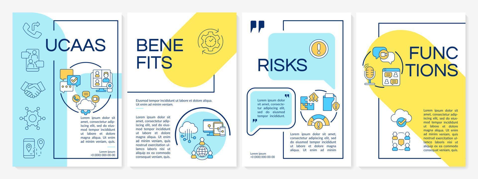 UCaaS system usage blue and yellow brochure template. Business network. Leaflet design with linear icons. 4 vector layouts for presentation, annual reports. Questrial, Lato-Regular fonts used