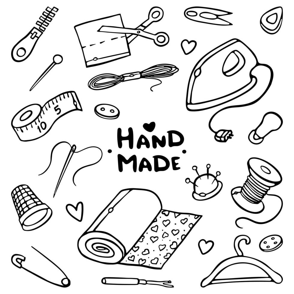 Sewing Supplies Outline Doodle Vector Set. Tools for tailoring, needlework and clothing repair, wooden bobbins, needles kit, pins in decorative cushion.