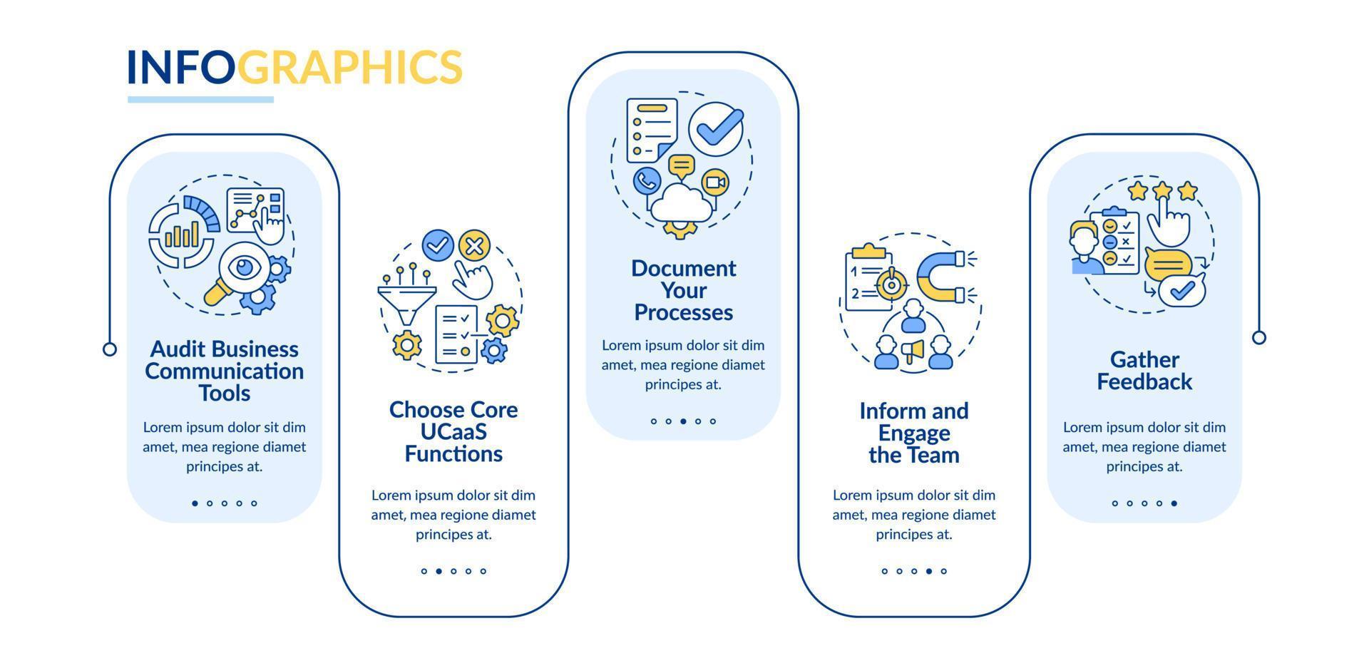 How to move to UCaaS rectangle infographic template. Service provide steps. Data visualization with 5 steps. Process timeline info chart. Workflow layout with line icons. Lato-Bold, Regular fonts used vector