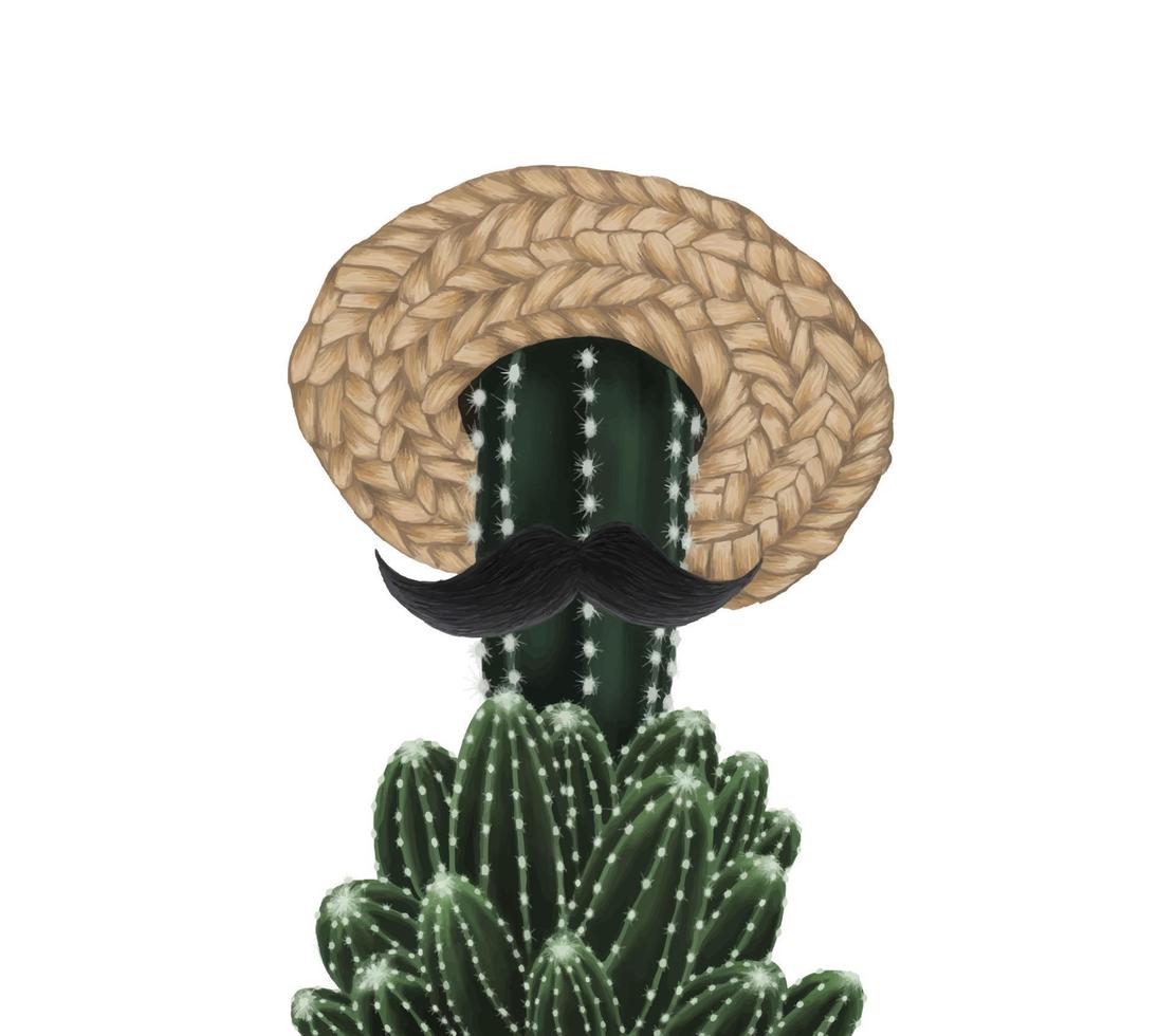 lindo cactus con sombrero de paja y bigote. vector