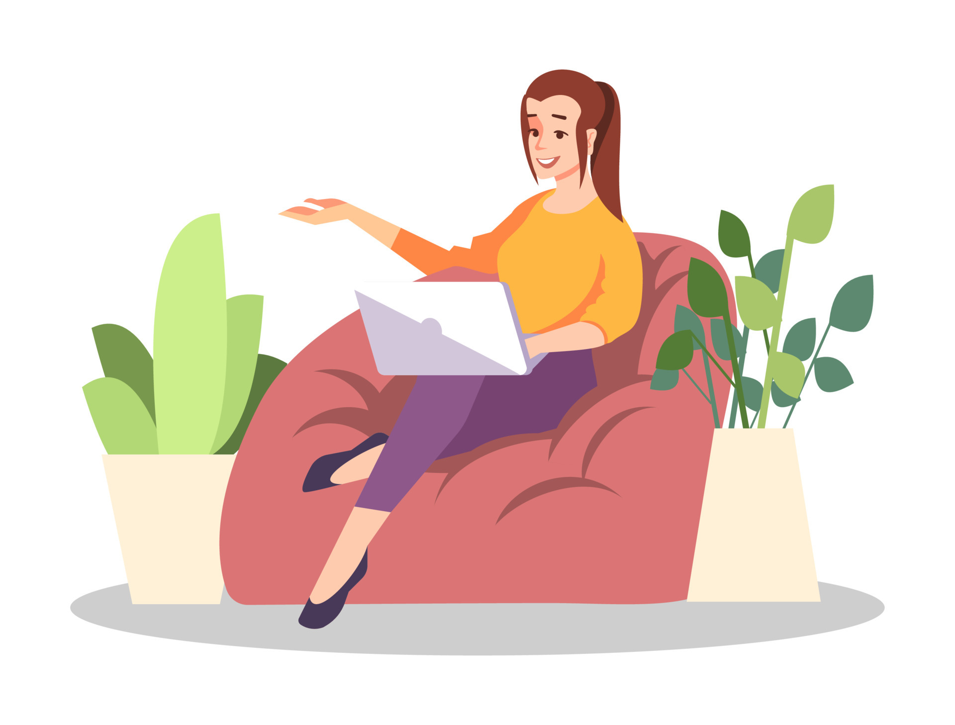 Cozy working environment semi flat RGB color vector illustration. Mass  media occupation. Girl with laptop sitting on bean bag chair isolated  cartoon character on white background 6841048 Vector Art at Vecteezy