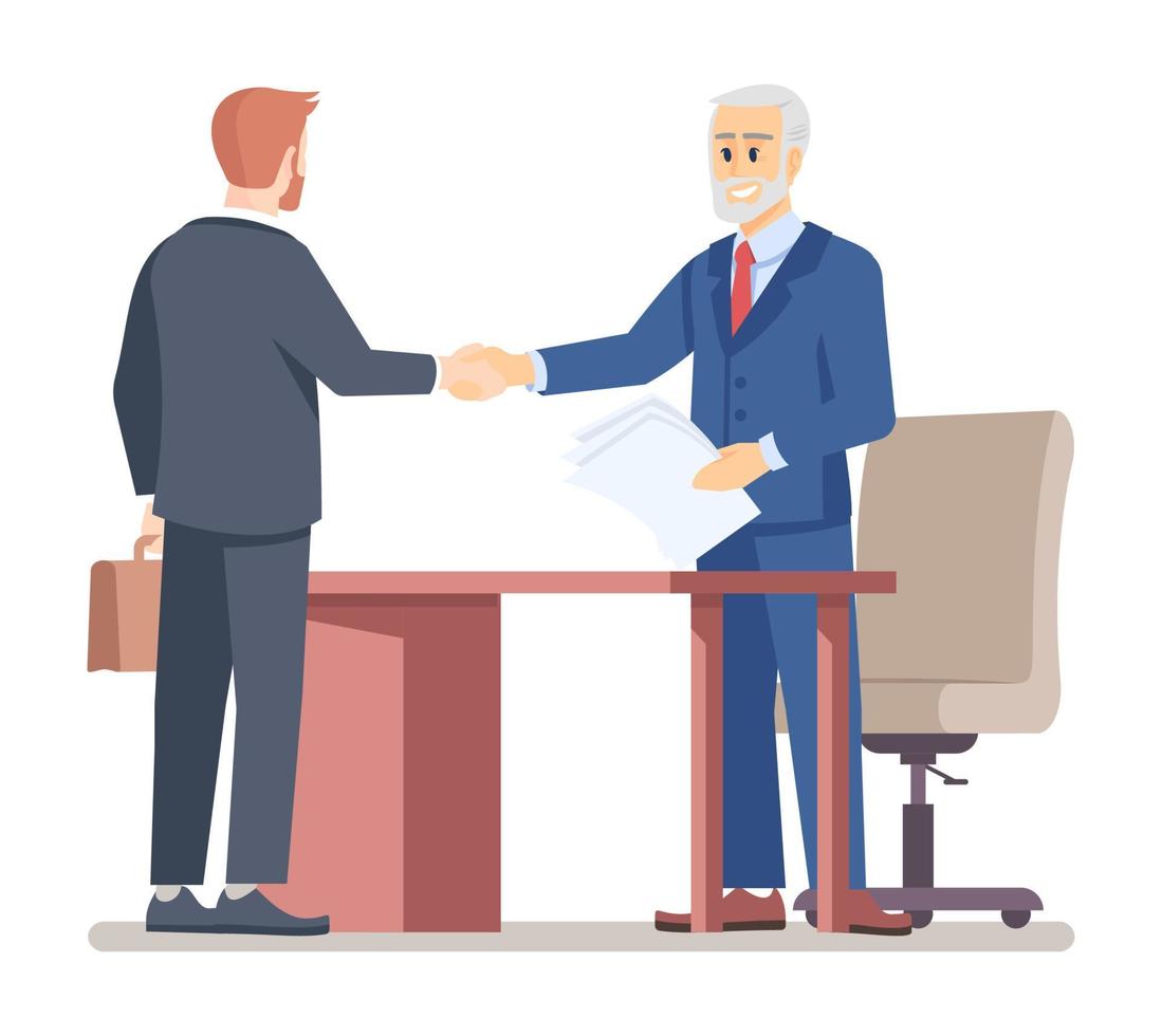 Successful business meeting semi flat RGB color vector illustration. Partners shaking hands isolated cartoon characters on white background