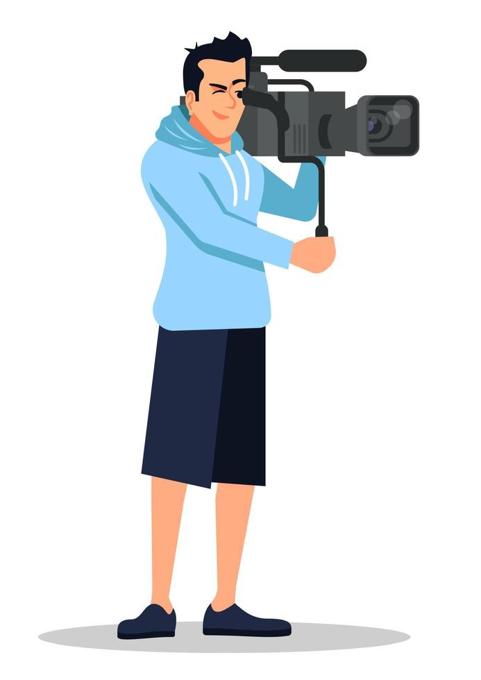 Shoot movie semi flat RGB color vector illustration. Mass media occupation. Filmmaker with shoulder mounted camera isolated cartoon character on white background