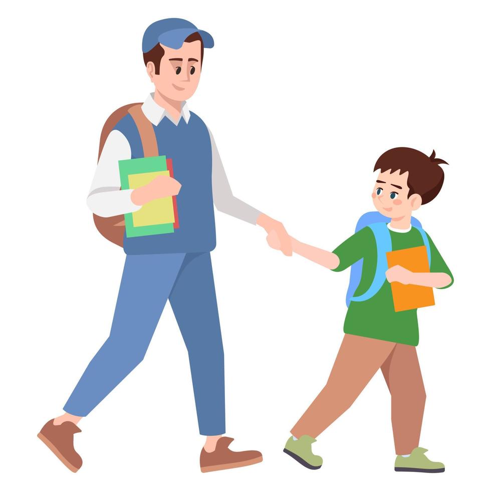 Early-adolescent students semi flat RGB color vector illustration. Brothers holding hands and hurrying to school isolated cartoon character on white background