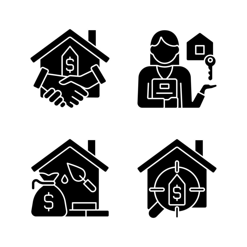 proceso de compra de vivienda iconos de glifo negro establecidos en el espacio en blanco. agente de bienes raíces. hipoteca de la propiedad. buscando casa. símbolos de silueta. paquete de pictogramas sólidos. ilustración vectorial aislada vector