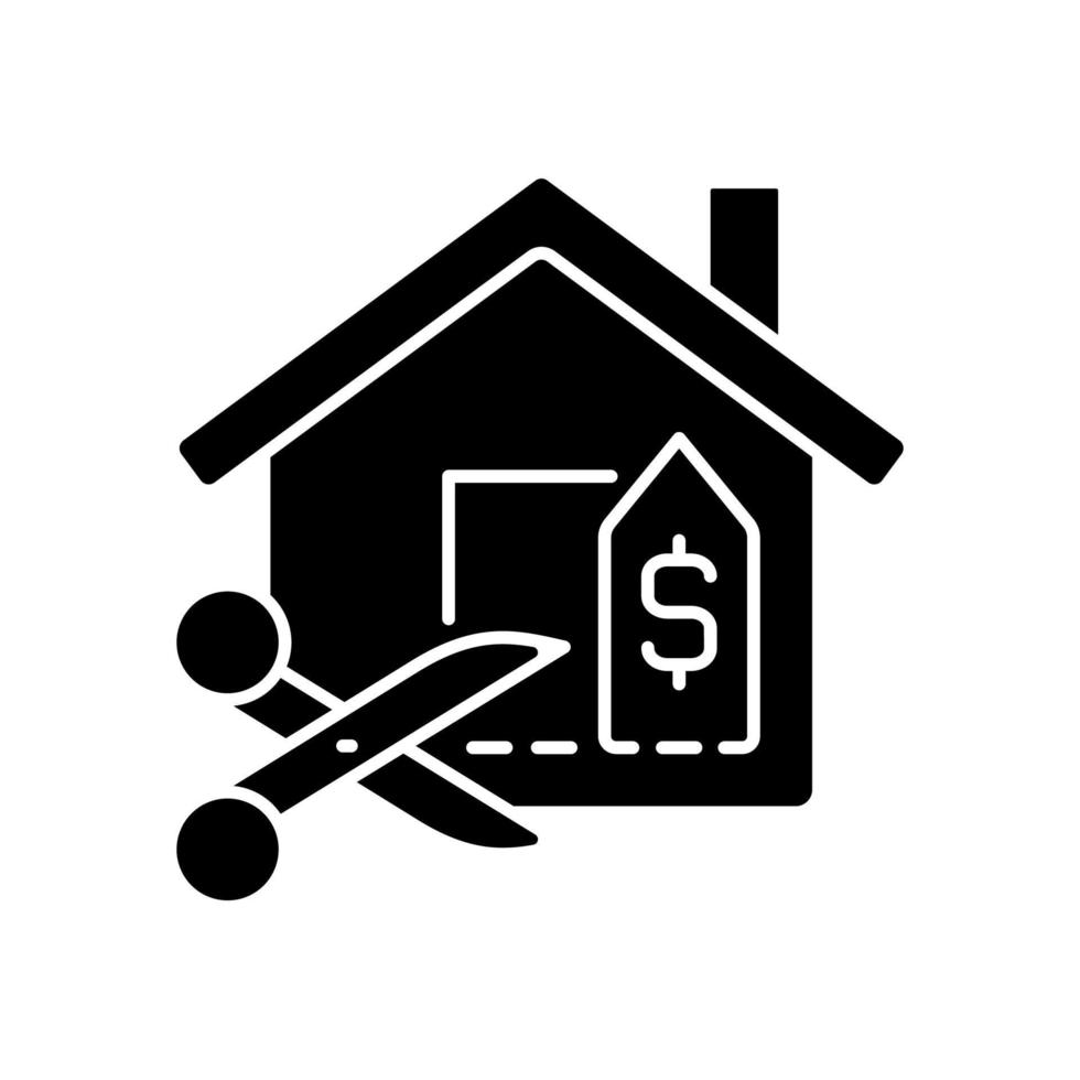 House for reduced price black glyph icon. Discount and price deduction. Real estate selling. Property sale. Silhouette symbol on white space. Solid pictogram. Vector isolated illustration