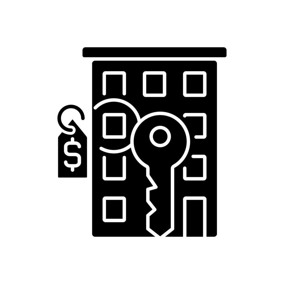 Flat selling black glyph icon. Purchasing apartment. Real estate. Property selling. Appropriate price. Silhouette symbol on white space. Solid pictogram. Vector isolated illustration