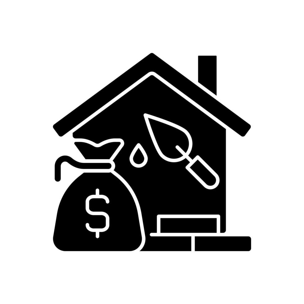 Construction loan black glyph icon. Self build loan. Get credit for house building. Home building project. Silhouette symbol on white space. Solid pictogram. Vector isolated illustration