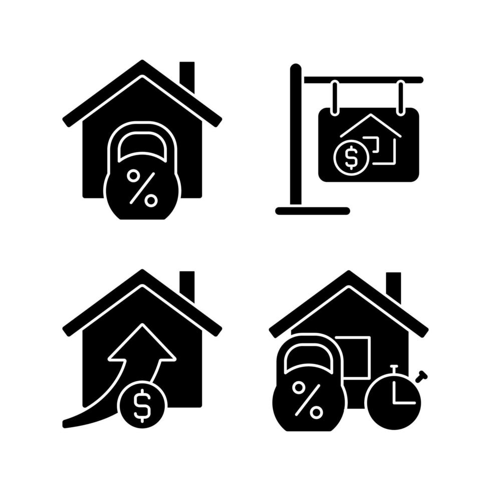 Buying house black glyph icons set on white space. Home mortgage. Accomodation purchase. Real estate prices. Property sale. Silhouette symbols. Solid pictogram pack. Vector isolated illustration